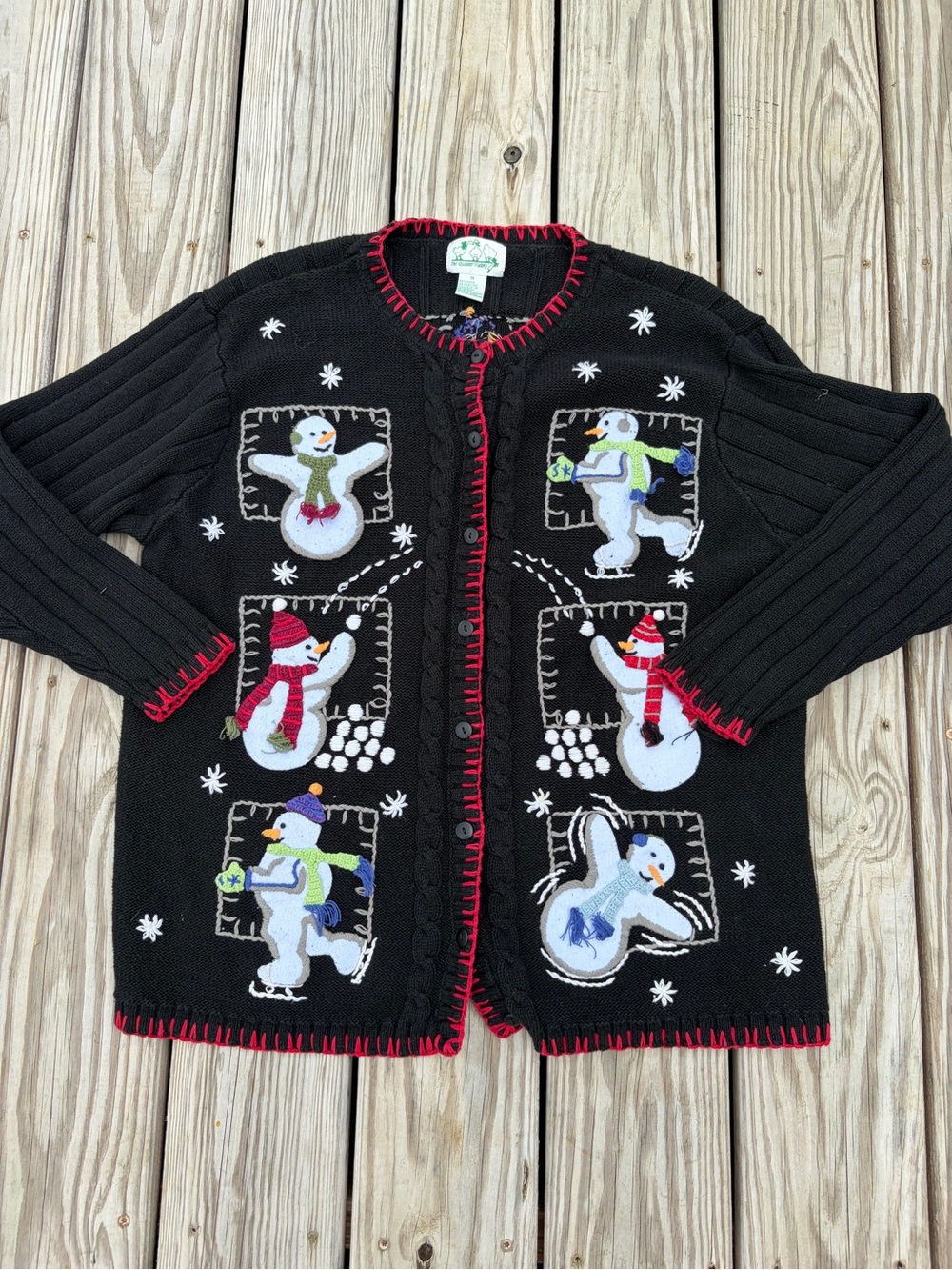 Vtg Quacker Factory Novelty Christmas Cardigan 1X Cottagecore Whimsical Snowman